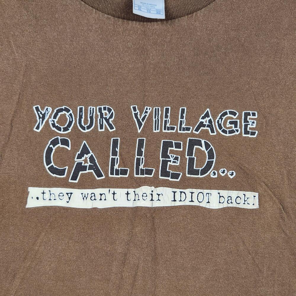 Vintage Village Idiot Shirt Mens XL Brown Called Funny Slogan Graphic Joke Humor
